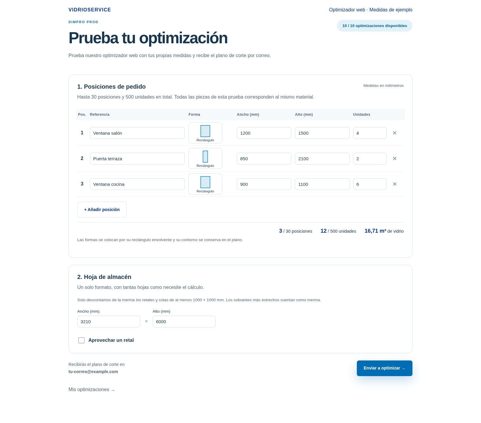 Optimizador web: formulario con medidas de ejemplo